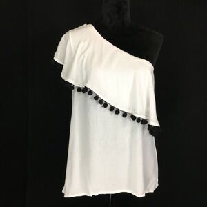 NWT One Shoulder Top MED White Black Blouse Boho PomPom Fringe DESIGN 365
